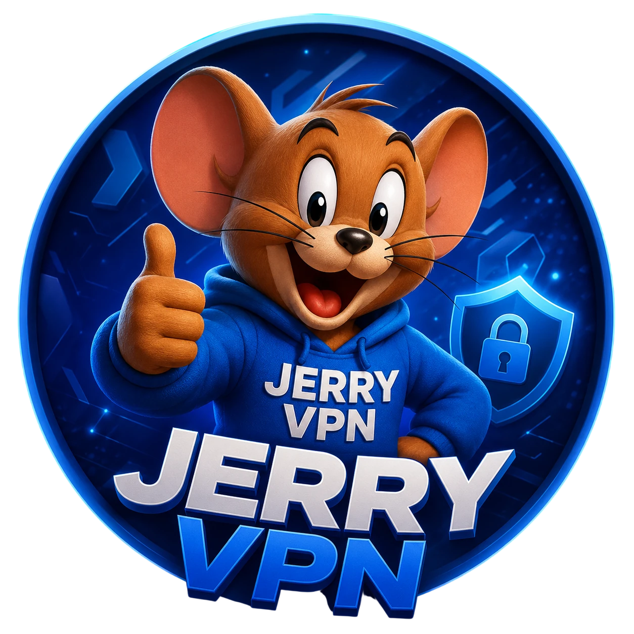 Маскот JERRY VPN — мышонок Джерри с поднятым вверх пальцем